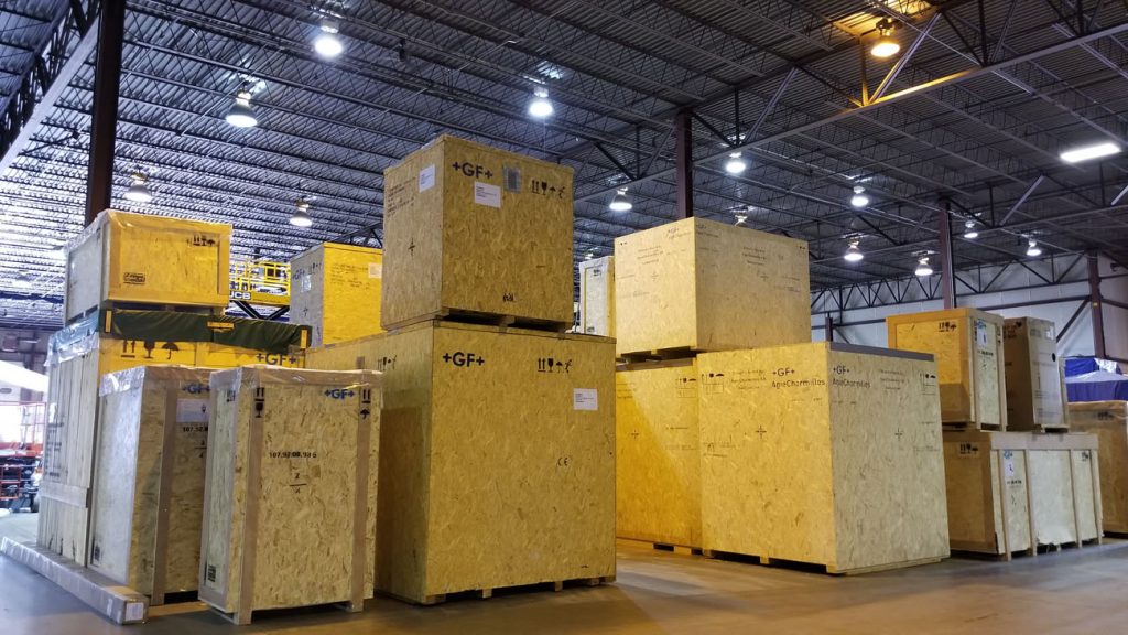 storage boxes inside National Lift Truck's industrial storage facility in Chicago